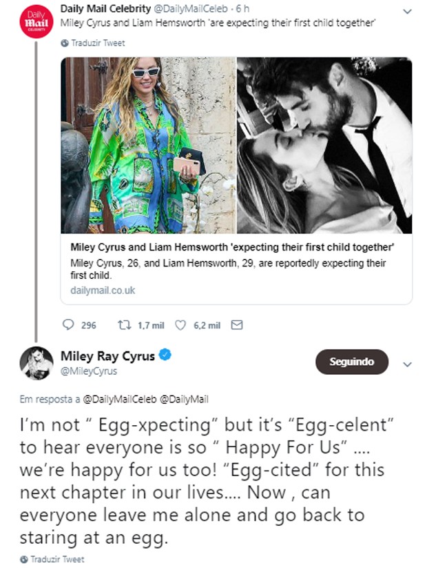 Miley Cyrus nega boatos de que estaria grávida (Foto: Reprodução/Twitter)