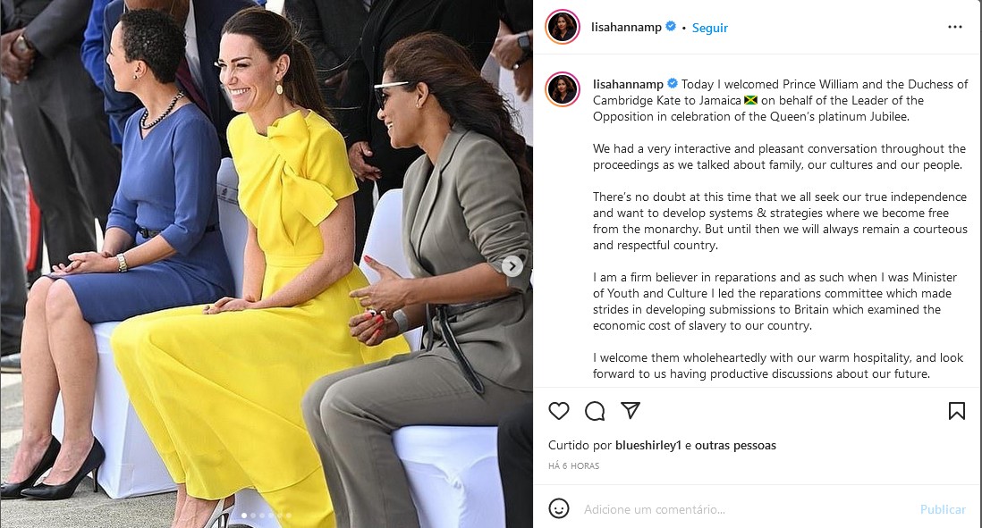 O post de Lisa Hanna amenizando a comoção com o encontro dela com a duquesa Kate Middleton (Foto: Instagram)