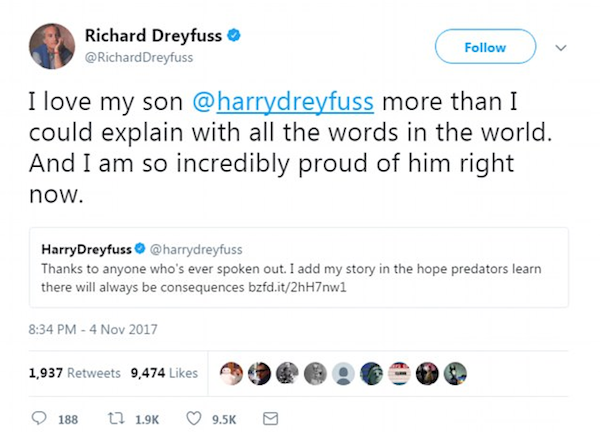 O tuíte de Richard Dreyfuss no qual o ator diz ter orgulho da postura de seu filho ao revelar o assédio de Kevin Spacey (Foto: Twitter)