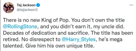 O tuíte de Taj Jackson , sobrinho de Michael Jackson, reclamando do título de Rei do Pop para Harry Styles (Foto: Twitter)