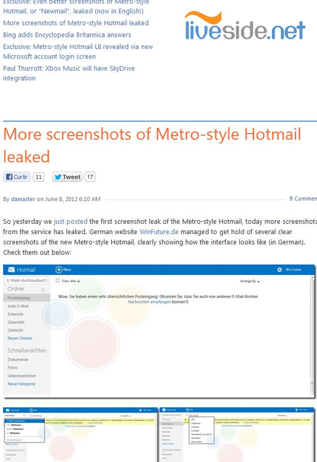 Imagens do 'Newmail', que seria o novo nome e visual do Hotmail, foram publicadas por site 'Liveside.com' (Foto: Reprodução)