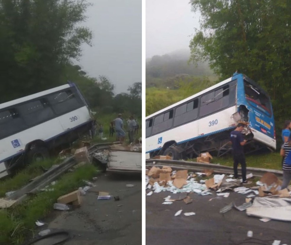 nibus com passageiros cai em ribanceira aps coliso de caminho  Foto: Reproduo