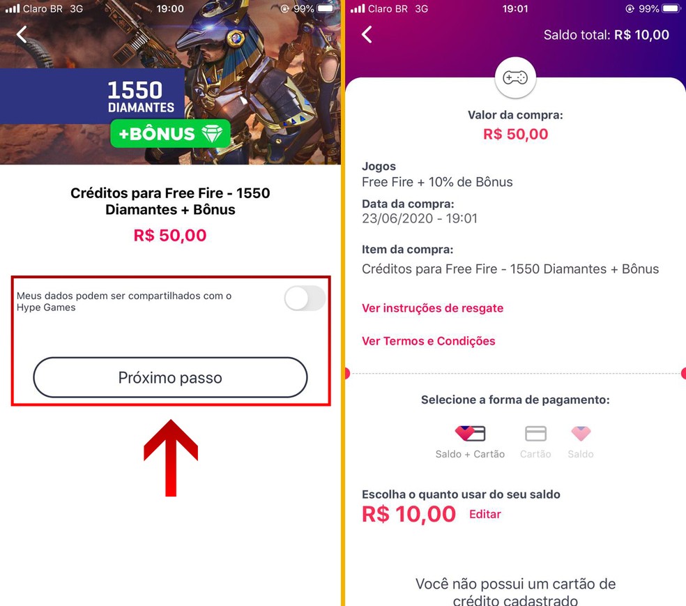 Habilite o compartilhamento da Hype Game e leia atentamente os detalhes da compra — Foto: Reprodução/Leandro Eduardo