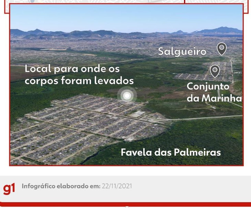 Mapa das comunidades do Salgueiro e onde estavam os corpos — Foto: Infográfico g1