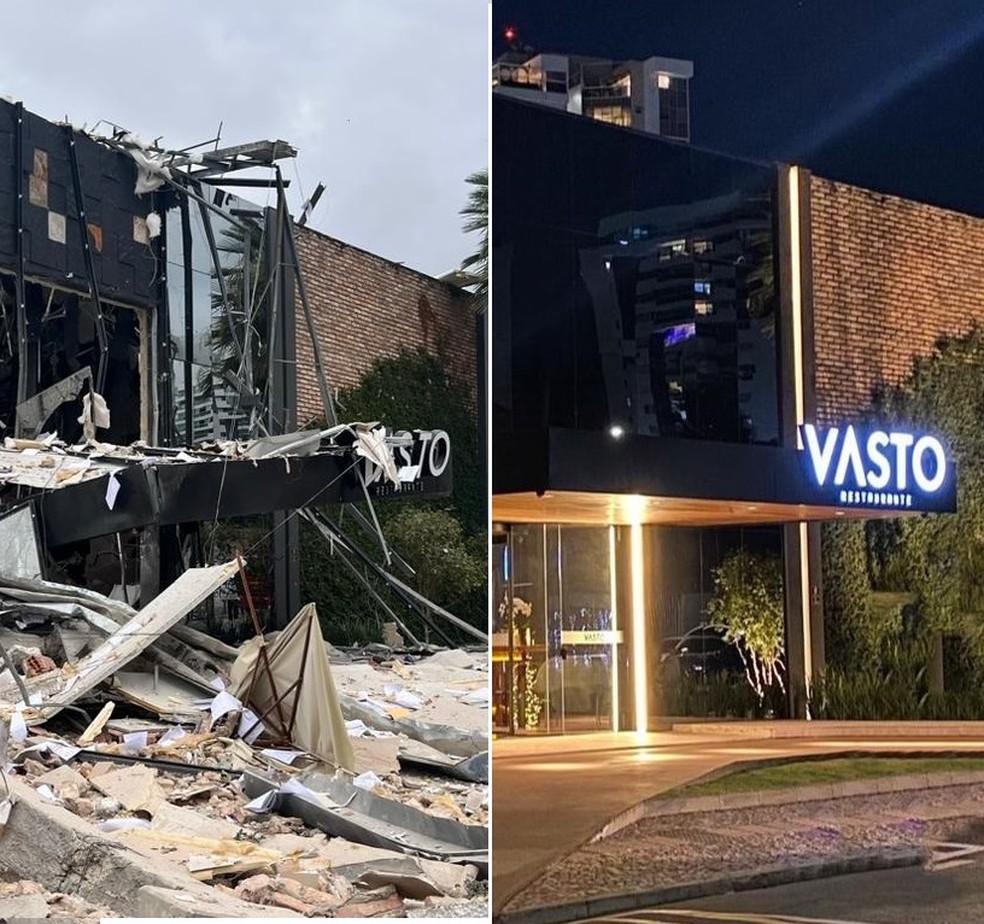 Antes e depois do Vasto Restaurante, em Teresina, que explodiu — Foto: Reprodução