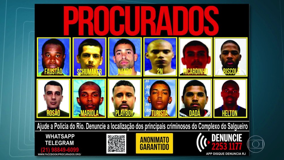 Portal dos Procurados divulga cartaz com principais criminosos do Complexo do Salgueiro, em São Gonçalo, no Rio de Janeiro. (Foto: Reprodução/ Portal dos Procurados)