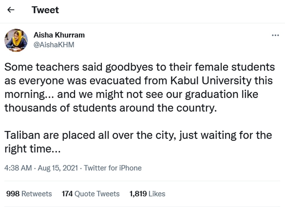 Aisha Khurram, uma ex-embaixadora da Juventude da ONU, diz que professores estão se despedindo das alunas em Cabul, no Afeganistão. — Foto: Reprodução / Redes sociais