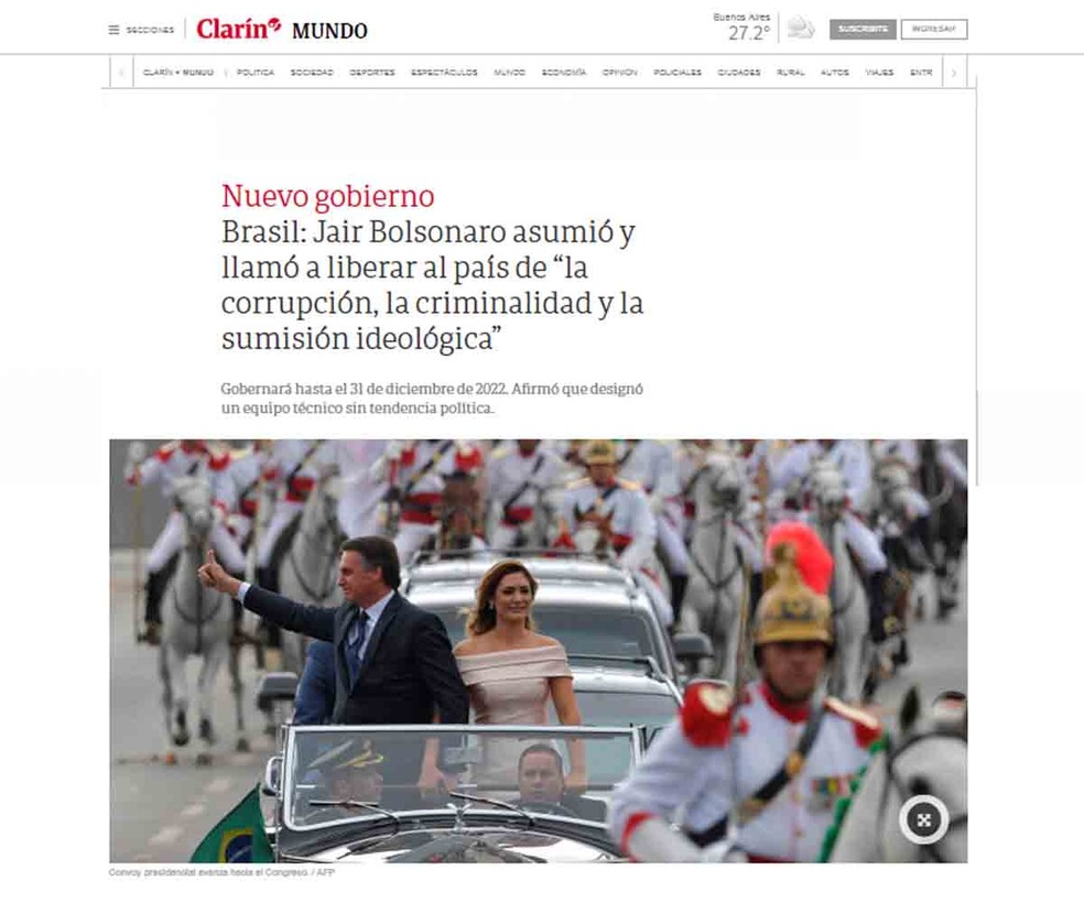Argentino Clarín disse que Bolsonaro prometeu acabar com a 'corrupção, criminalidade e submissão ideológica' no país — Foto: Reprodução/'Clarín'