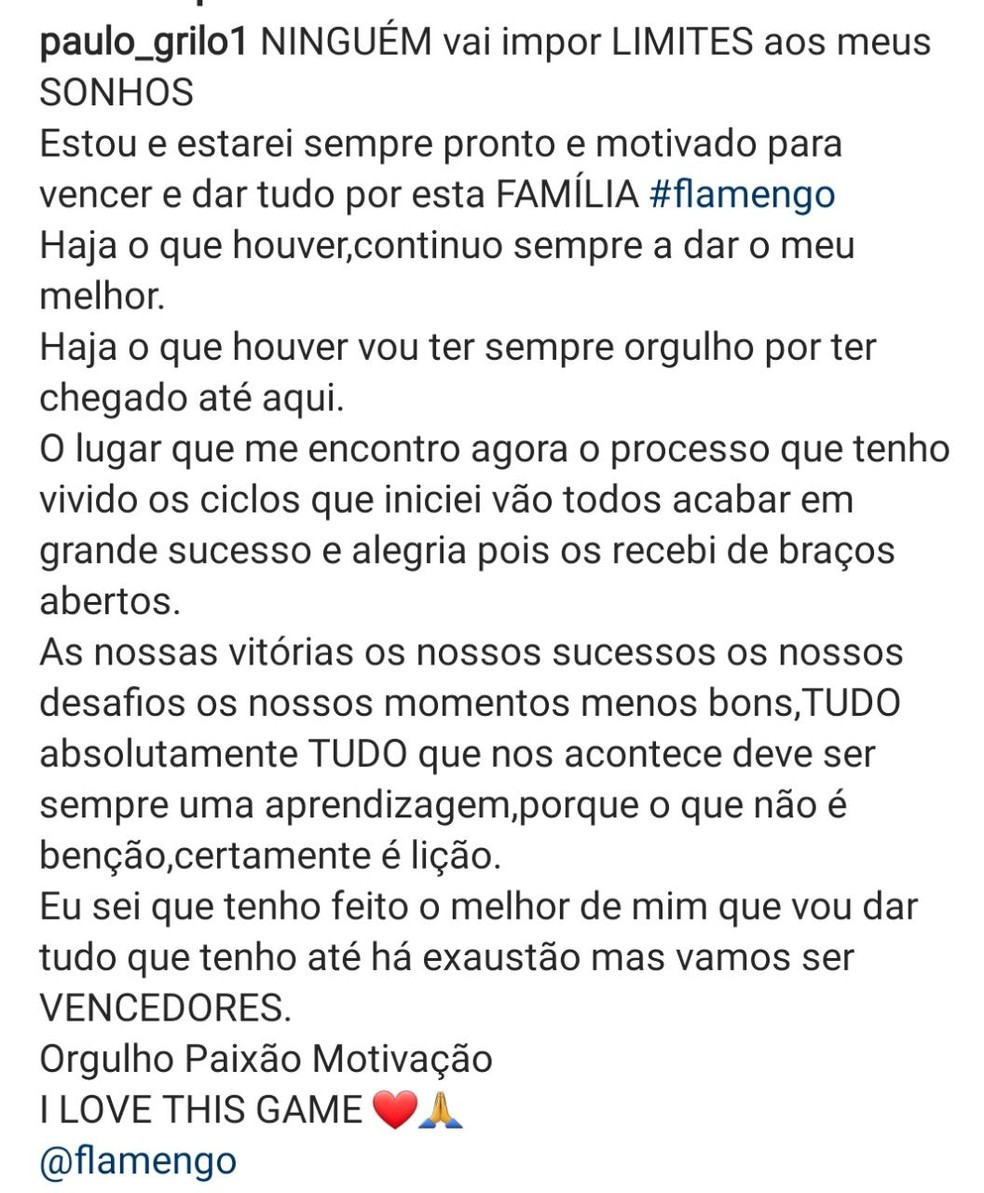 Paulo Grilo, preparador de goleiros do Flamengo, posta texto no Instagram — Foto: Reprodução