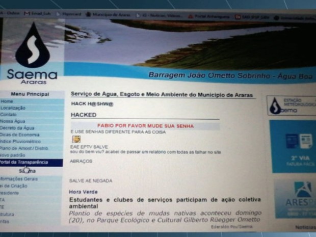 Hacker deixou recados na página do Serviço de Água de Araras (Foto: Reprodução/EPTV)