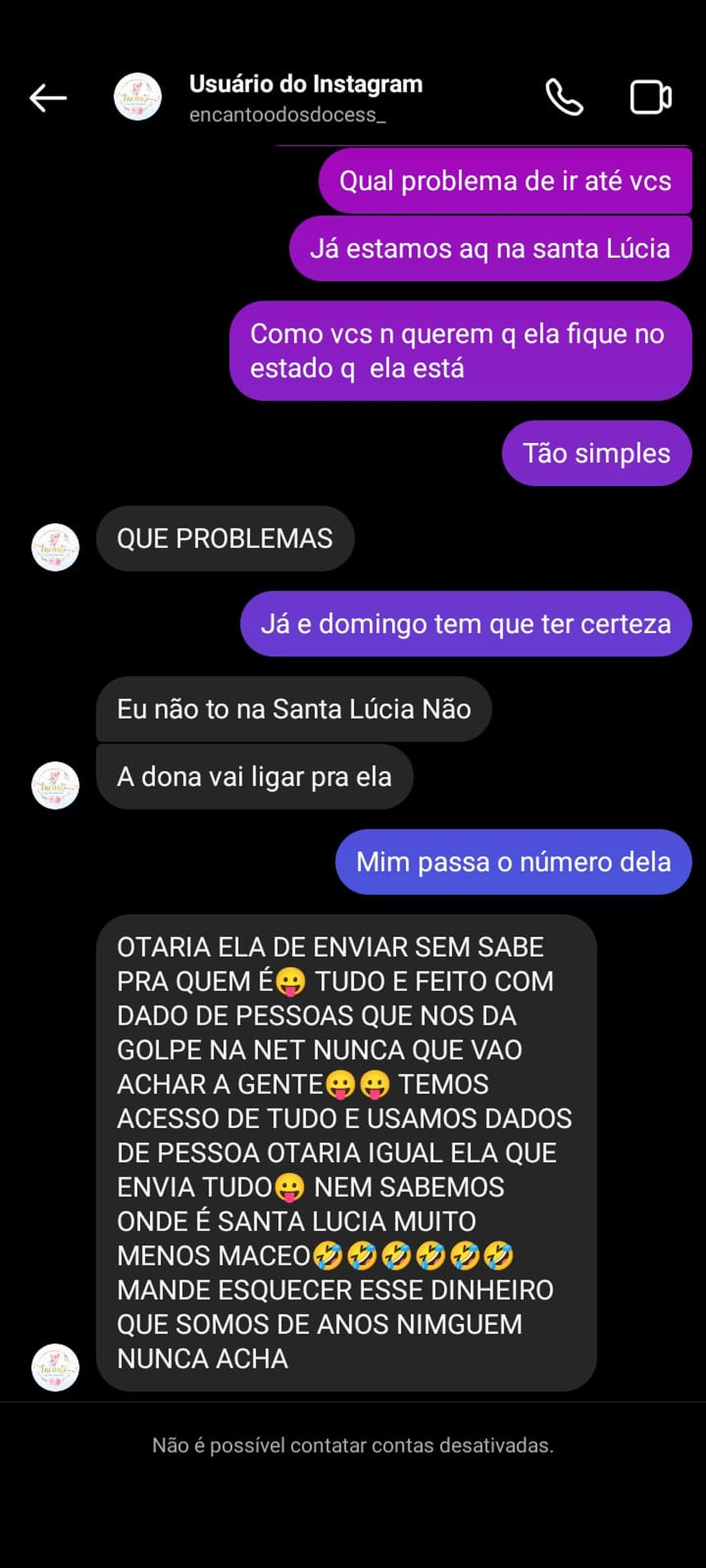 Vítima recebeu mensagem dos golpistas antes de ser bloqueada — Foto: Reprodução