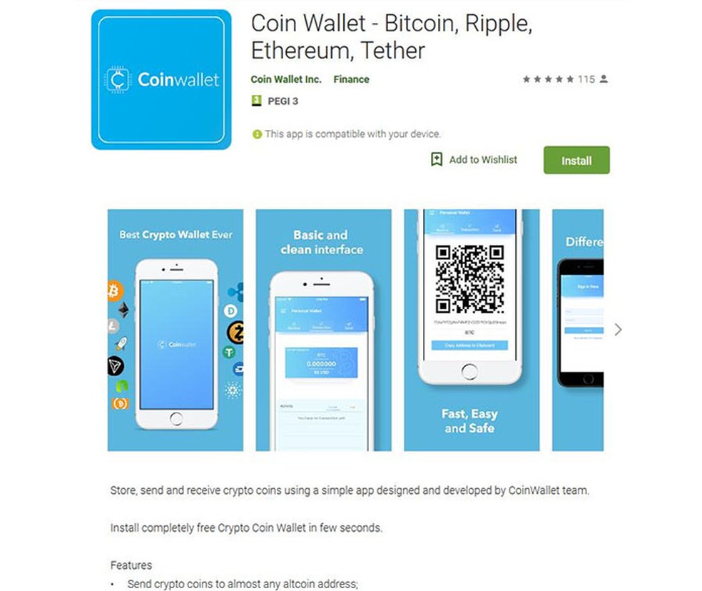 Aplicativo falso 'Coin Wallet' tinha boa avaliação no Google Play. — Foto: Reprodução/ESET