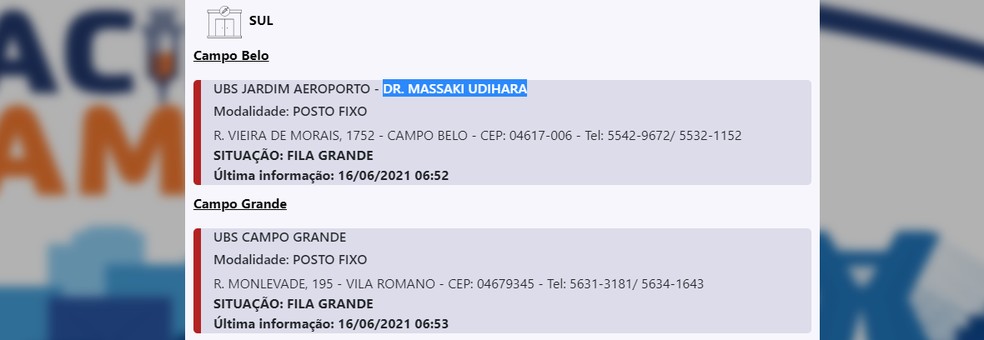 Site mostra unidades de saúde que estão com fila para vacinação — Foto: Reprodução/Prefeitura de SP