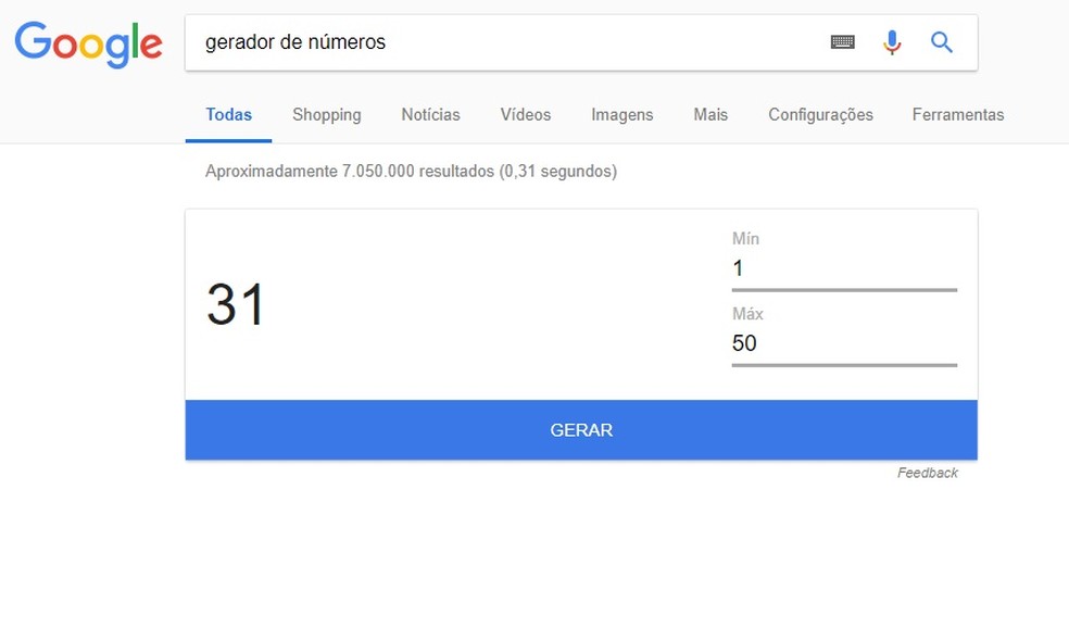 Google tem gerador de números aleatórios escondido no buscador, ideal para sorteios online (Foto: Reprodução/Rodrigo Fernandes)