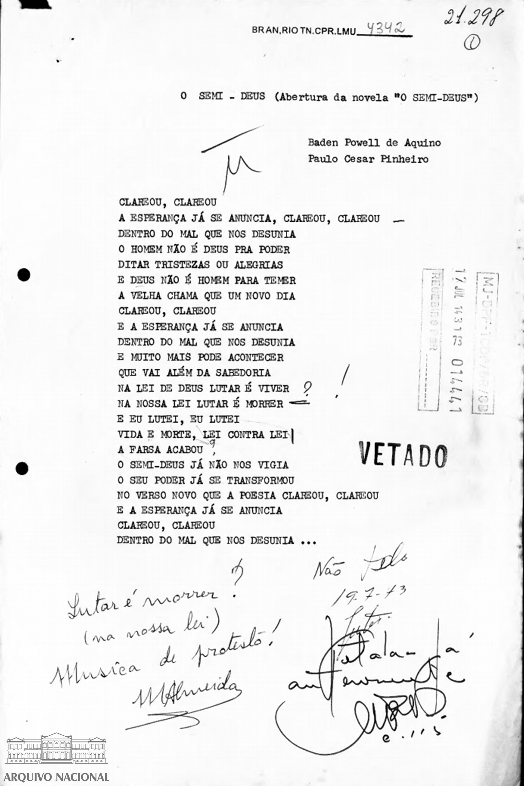 Letra da música Semi-deus, de Baden Powell e Paulo Cesar Pinheiro, vetada pela censura. Parecer de 19 de julho de 1973 (Foto: Arquivo Nacional)