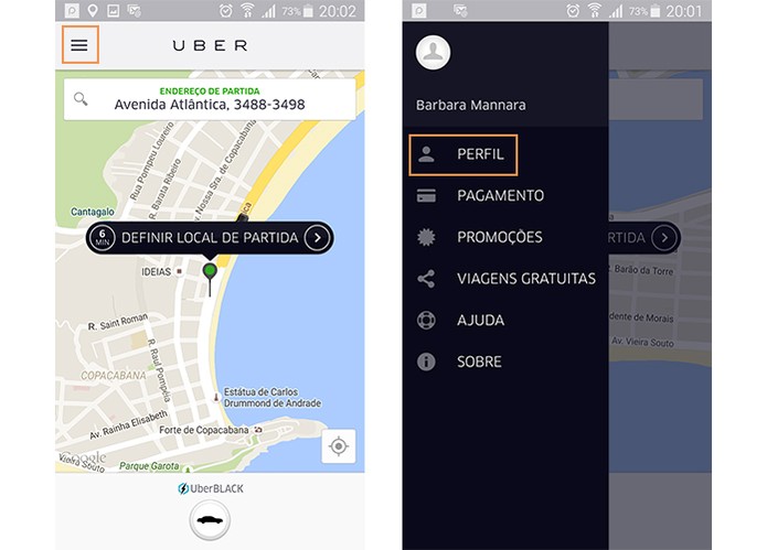 Acesse o perfil no menu lateral do app do Uber (Foto: Reprodução/Barbara Mannara)