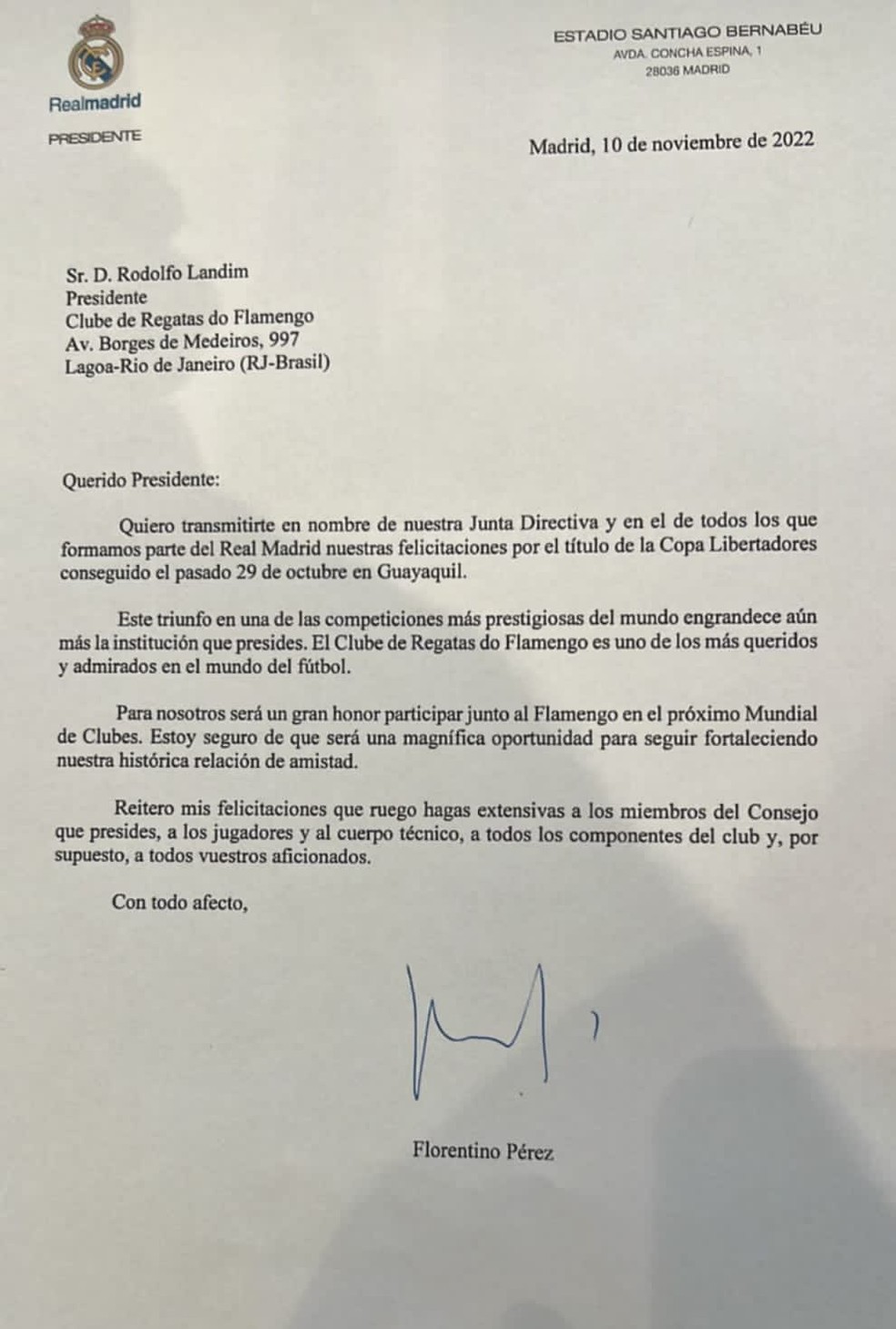 Carta do Real Madrid para o Flamengo &mdash; Foto: Reprodu&ccedil;&atilde;o 