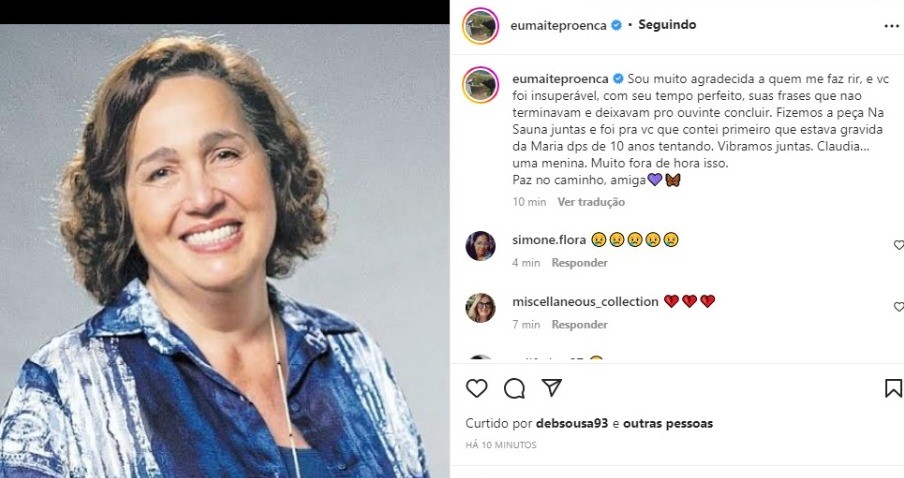 Maitê Proença faz homenagem a Claudia Jimenez (Foto: Reprodução / Instagram)