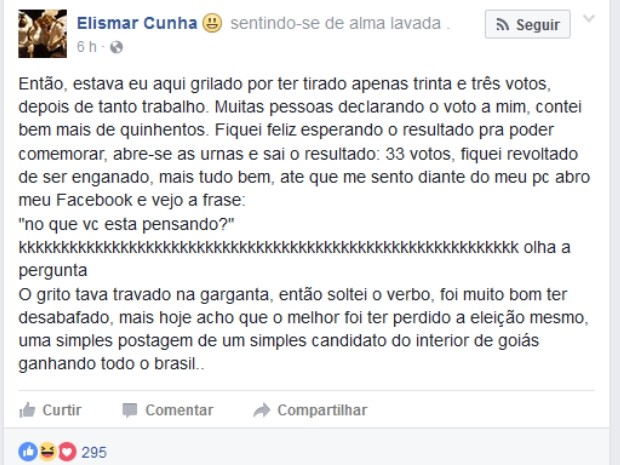 Candidato diz que fez post para desabafar revolta, em Bela Vista de Goiás (Foto: Reprodução/Facebook)