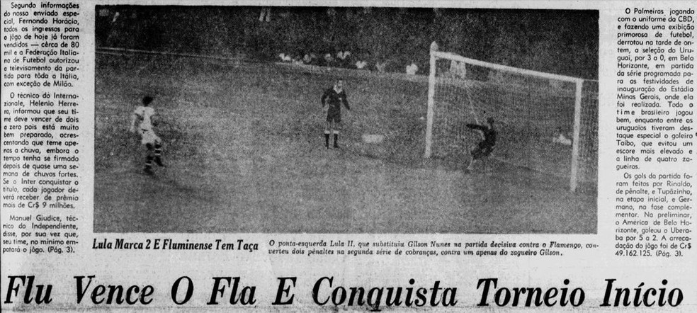 O ttulo do Flu em 1965 nas pginas do "Jornal dos Sports" em 08/09/1965  Foto: Reproduo / Jornal dos Sports