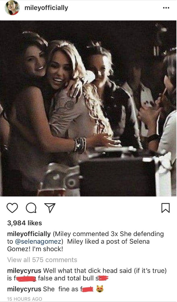 Os comentários de Miley Cyrus defendendo Selena Gomez no espaço de comentários de uma foto de um fã (Foto: Instagram)