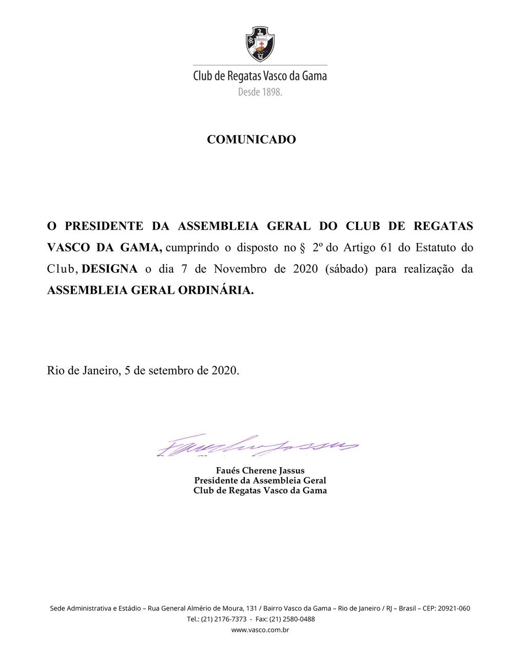Presidente da Assembleia Geral do Vasco, Mussa convoca eleições presidenciais do Vasco — Foto: Reprodução