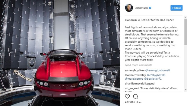 Tesla Roadster será enviado ao espaço pela SpaceX (Foto: reprodução @elonmusk)