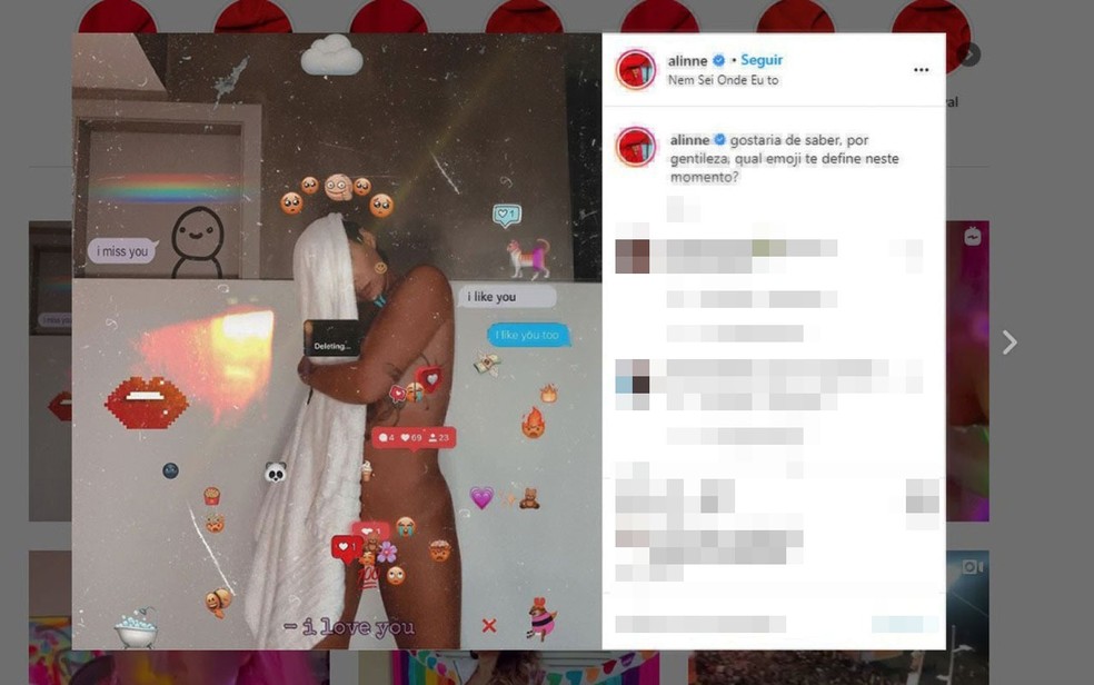 Sem roupa, Alinne Rosa posta foto nas redes sociais e pergunta: 'Qual emoji te define neste momento?' — Foto: Reprodução / Redes Sociais 