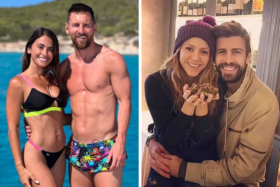 Messi e sua esposa, Antonela Roccuzzo; Shakira e Piqué, que se separaram em 2021