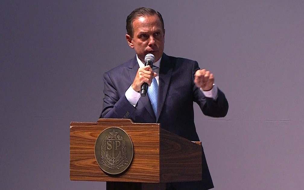 O governador JoÃ£o Doria discursa no PalÃ¡cio dos Bandeirantes â Foto: TV Globo/ReproduÃ§Ã£o