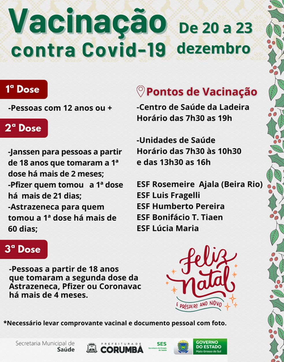 Cronograma de vacinação em Corumbá até quinta-feira. — Foto: Divulgação/PrefeituraCorumbá