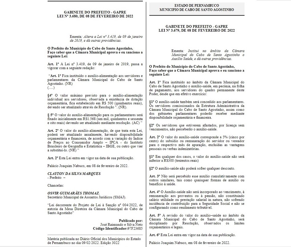 Leis que instituíram “ajudas” em dinheiro e foram publicadas no Diário oficial dos Municípios de Pernambuco — Foto: Reprodução/Diário Oficial dos Municípios