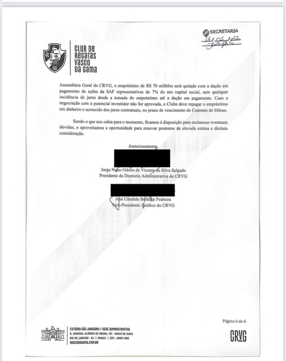 Vasco protocola ofício com respostas a questionamentos de opositores sobre garantias dadas a 777 — Foto: Reprodução