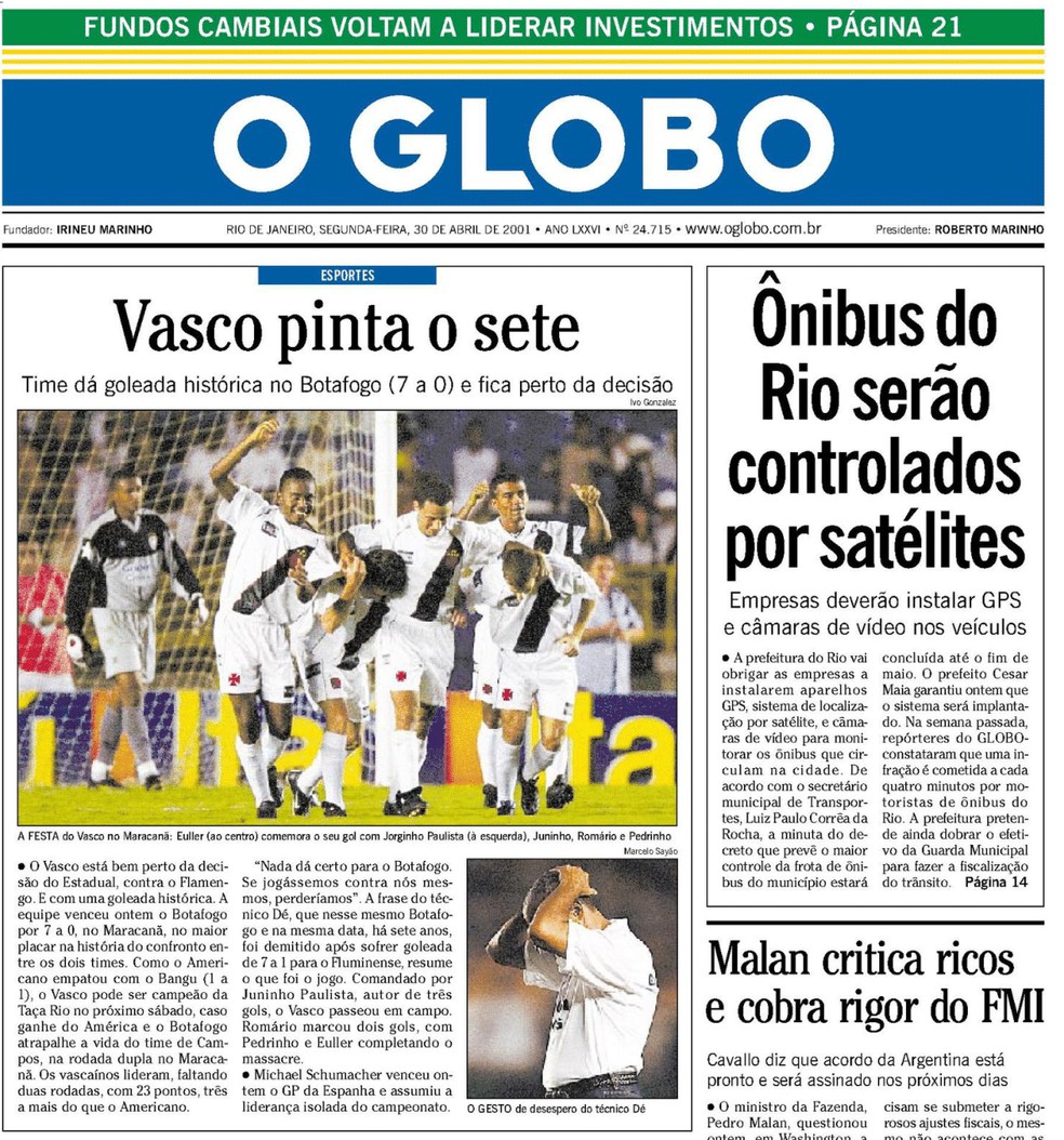Jorginho Paulista, Juninho Paulista, Euller, Romário e Pedrinho em foto de destaque na copa do jornal — Foto: Acervo O Globo