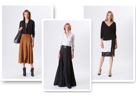 Na Ralph Lauren, a combinação de saia e camisa substitui o vestido na composição de looks femininos e poderosos. Na cartela de cores, muito preto, branco e caramelo