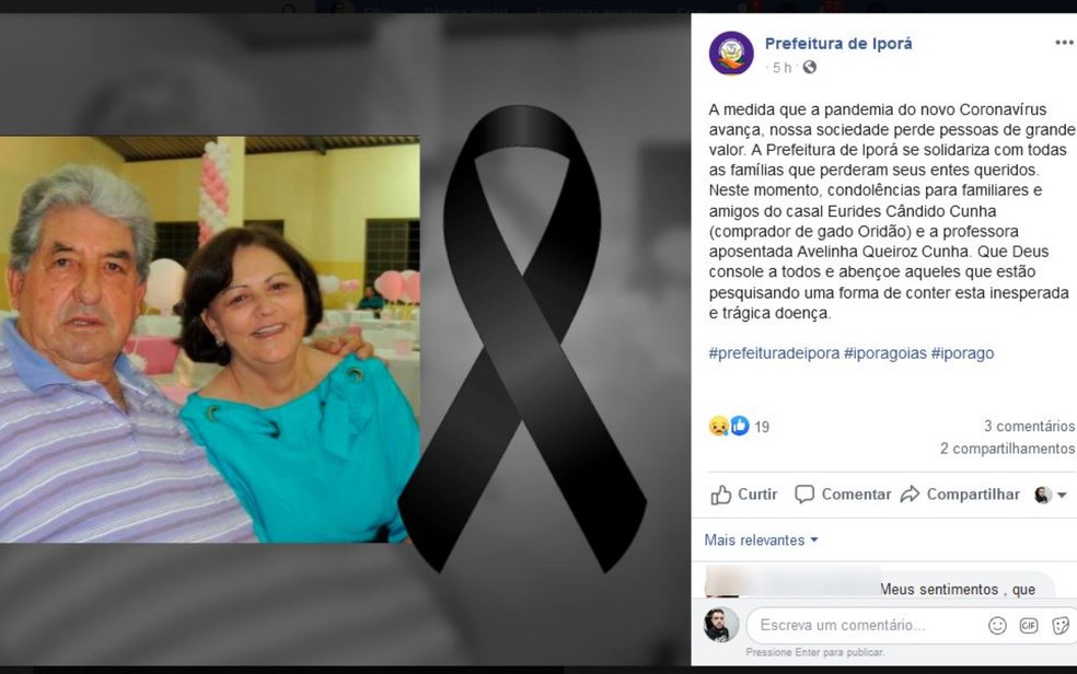 Prefeitura publicou nota de pesar sobre a morte do casal — Foto: Reprodução/Facebook