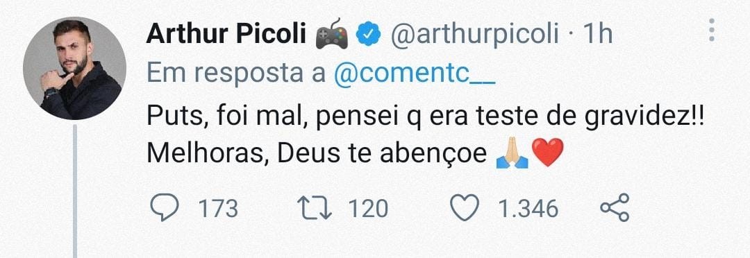 Arthur Picoli confunde teste de Covid com de gravidez e diverte a web (Foto: Reprodução/Twitter)