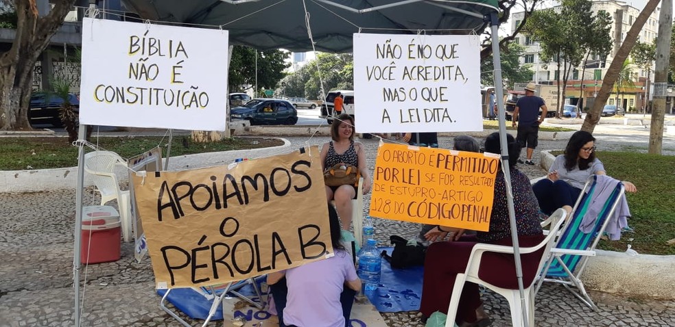 Cartazes do grupo legalista defendem direito ao aborto previsto na Constituição — Foto: Bárbara Muniz Vieira/G1