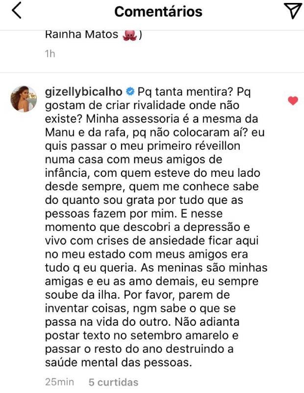 Gizelly Bicalho nega que foi desconvidada para réveillon com Thelminha, Manu Gavassi, Rafa Kalimann e Bruna Marquezine (Foto: Reprodução/Instagram)