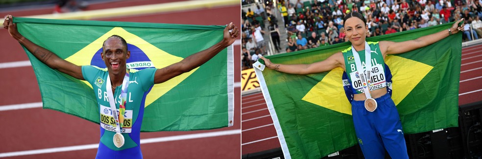 Piu e Letícia Melo foram os medalhistas brasileiros no Mundial de Atletismo: ele conquistou o ouro e ela, o bronze — Foto: Steph Chambers/Getty Images/AFP e ANDREJ ISAKOVIC / AFP