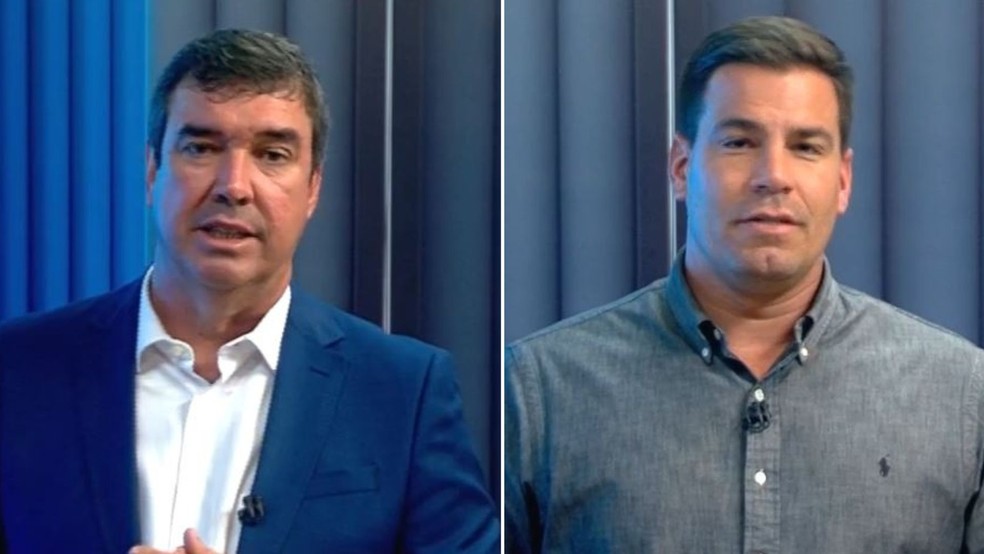 Candidatos ao governo de MS, Eduardo Riedel (PSDB) e Capitão Contar (PRTB) — Foto: Reprodução/TV Morena