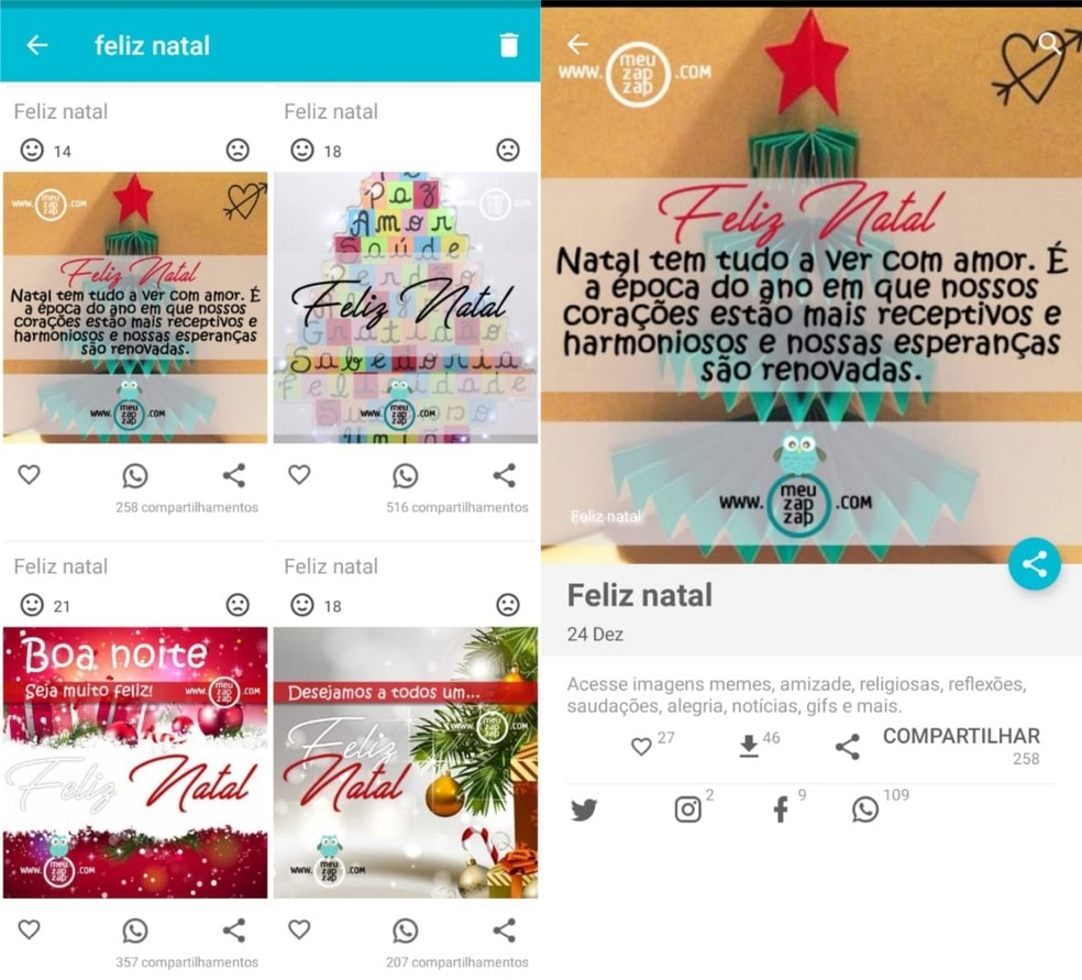 O app Meu ZapZap permite enviar imagens com frases, vídeos e GIFs de Natal para amigos no mensageiro — Foto: Reprodução/Clara Fabro