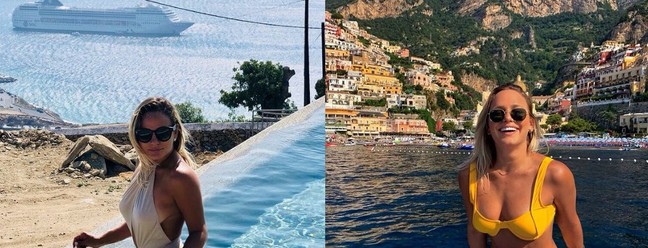 Indy Santos em viagem à Grécia e, à direita, na Itália. Ela é comissária de táxi aéreo