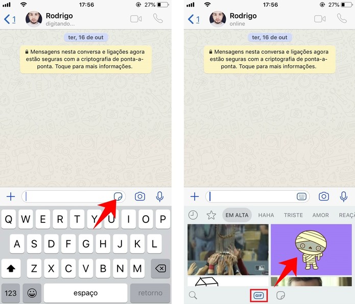 Enviando um GIF em uma conversa do WhatsApp (Foto: Reprodução/Rodrigo Fernandes) Enviando um GIF em uma conversa do WhatsApp (Foto: Reprodução/Rodrigo Fernandes)