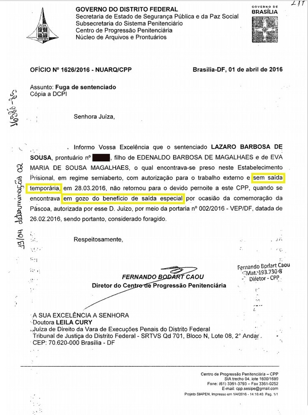 Ofício comunicando fuga de Lázaro Barbosa de presídio do DF — Foto: Reprodução