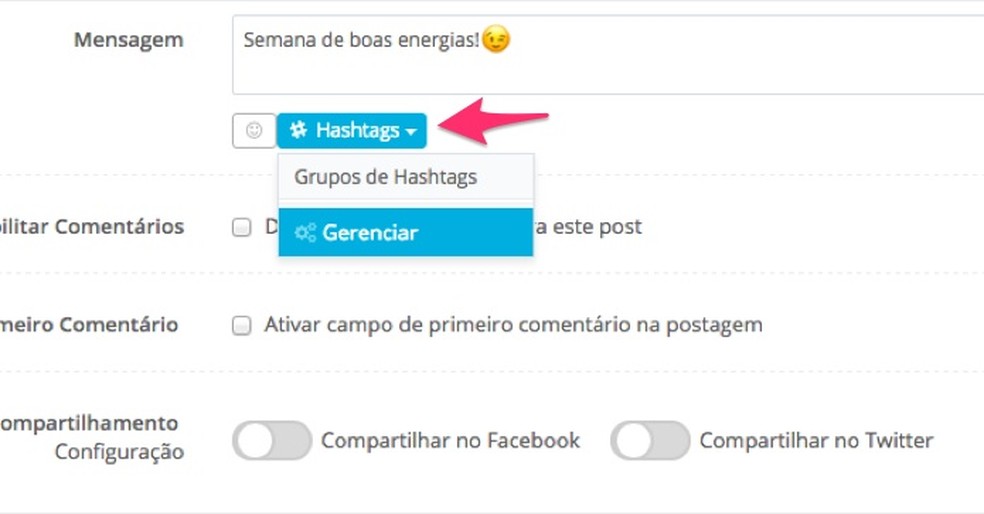 Opção para adicionar hashtags em post com o serviço online Postgrain (Foto: Reprodução/Marvin Costa)