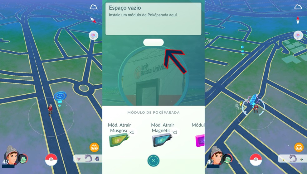 O Módulo Atrair fica disponível ao clicar no botão de qualquer poképarada — Foto: Reprodução/Pokémon GO