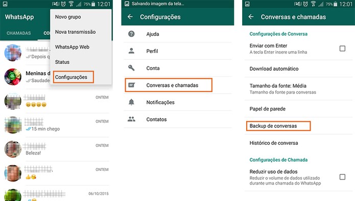 Acesse as configurações do WhatsApp pelo Android e encontre o item de Backup (Foto: Reprodução/Barbara Mannara)