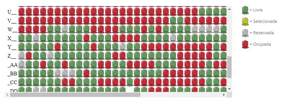 Mapa de assentos de um dos setores da Arena Pantanal para partida contra o Grêmio — Foto: Reprodução/Ticket Hub