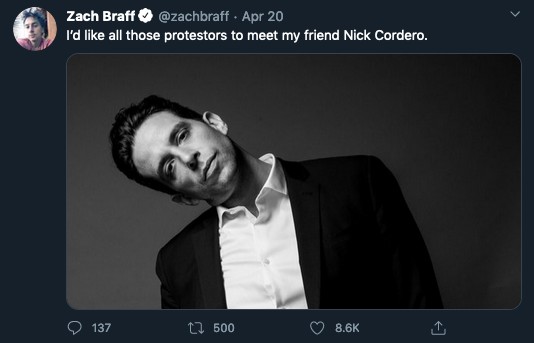 O post do ator Zach Braff com menção ao amigo Nick Cordero em reação aos manifestantes que pedem o fim do isolamento social decorrente da pandemia do coronavírus (Foto: Twitter)